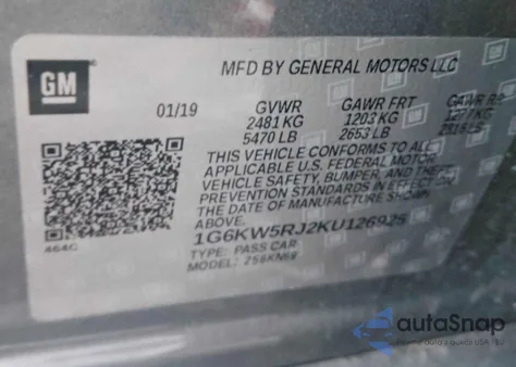 2019 Cadillac Ct6-V z USA, uszkodzony, nr VIN 1G6KW5RJ2KU126925